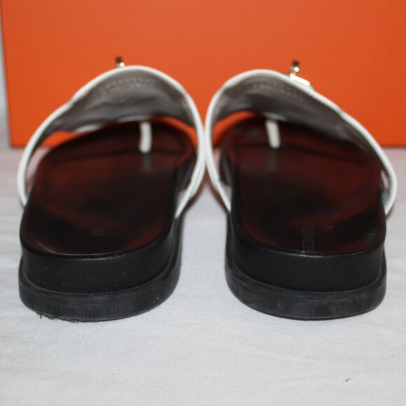 Hermes Empire Leather Thong Silver Hardware Slipon Sandals White Flats Slides 39 - Picture 5 of 9